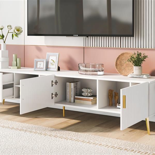 Modern TV Stand with 5 Champagne legs - Durable, stylish, spacious, versatile storage TVS up to 77" (White)