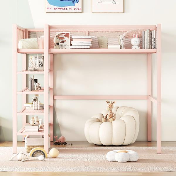 Full Size Metal Loft Bed with 4-Tier Shelves and Storage, Pink