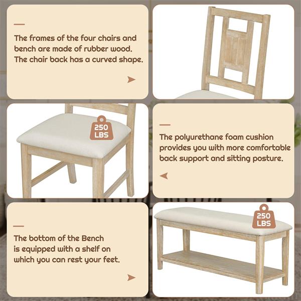 6-piece Retro Dining Set, Minimalist Dining Table and 4 upholstered chairs & 1 bench with a shelf for Dining Room(Natural Wood Wash)