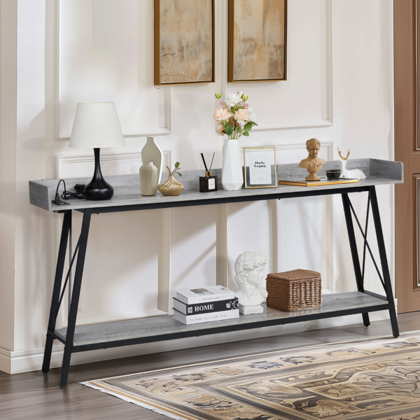 70.9 inch Extra Long Console Table with 2 Power Outlets & USB Ports, Rustic Industrial Sofa Table Behind Couch for Living Room, Narrow Entryway Hallway Long Bar Table, Gray