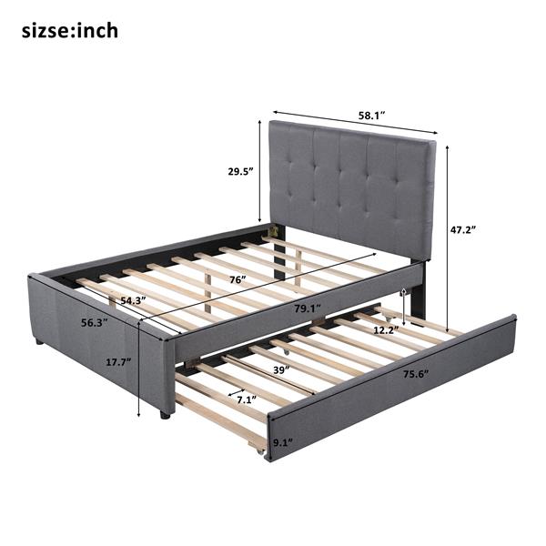 Linen Upholstered Platform Bed With Headboard and Trundle, Full