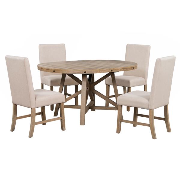 5-Piece Retro Functional Dining Set with Extendable Round Table with Removable Middle Leaf and 4 Upholstered Chairs for Dining Room and Living Room (Natural Wood Wash)