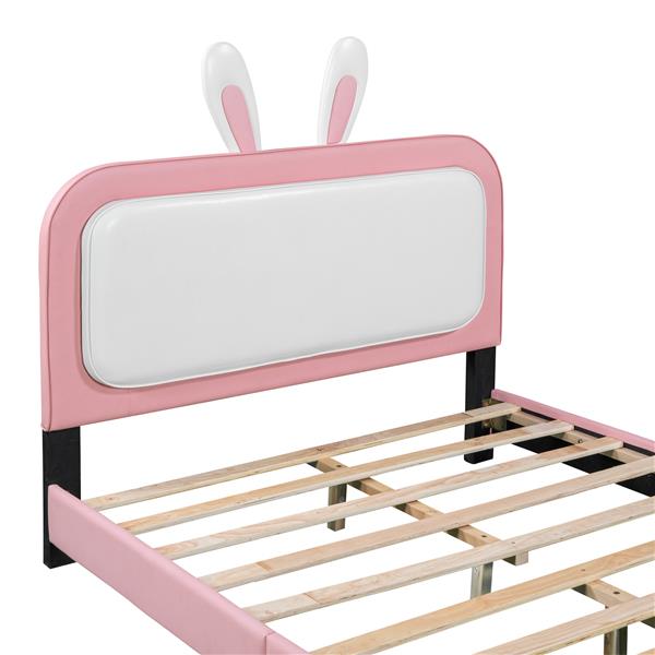 Full size Upholstered Rabbit-Shape Princess Bed ,Full Size Platform Bed with Headboard and Footboard,White+Pink