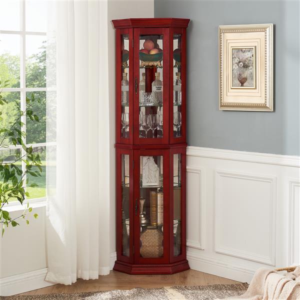 Corner Curio Cabinet Lighted Corner Display, Glass Display Shelf Shelving Bar cabinet with Tempered Glass Door, Bar Cabinet,Cabinet with Adjustable Shelf Glass Cabinet Shelves Bead Bulb Included