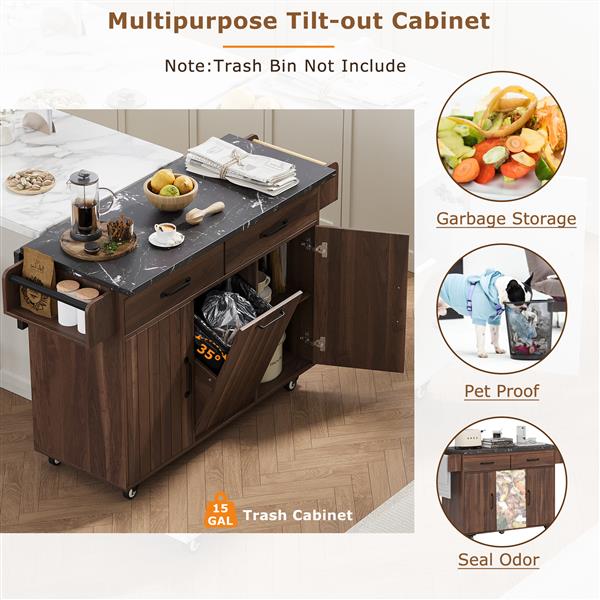 Kitchen Island with Trash Can Storage Cabinet, Kitchen Cart with Drop Leaf, Spice Rack, Towel Rack and Drawer, Rolling Kitchen Island on Wheels with Adjustable Shelf, Walnut Brown