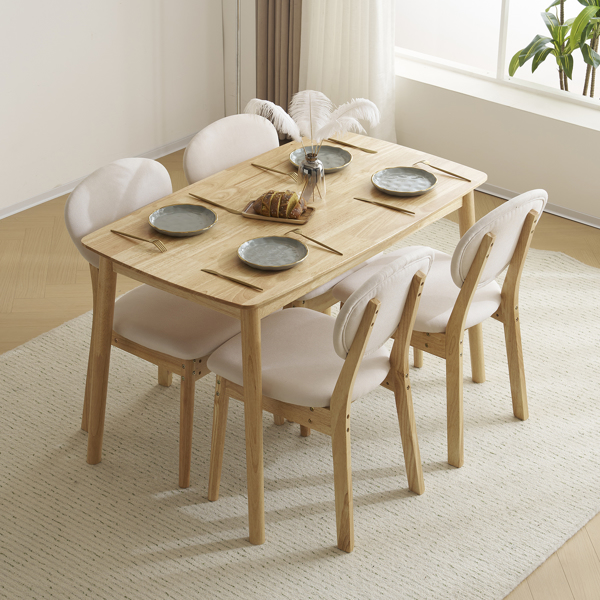 Disassembly rubber wood soft package wood color dining table and chair set 1 table 4 chair beige cushion rectangular