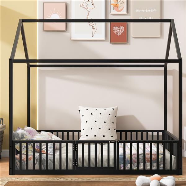 Full Size Metal House Bed with Fence and Door, Black