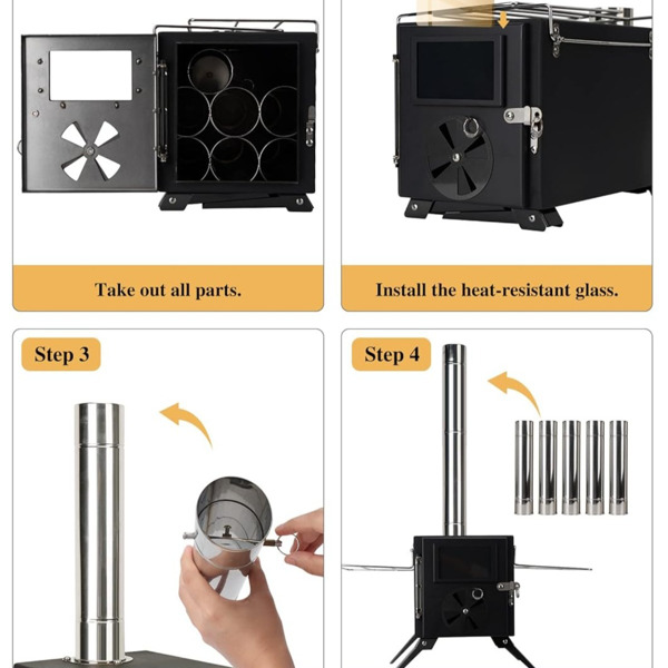 Camping Stove for Hot Tents, Carbon Steel Wood Burning Stove with Stainless Wall Chimney Pipes for Tents, Shelter, Outdoor Portable Stove for Camping and Cooking，Black