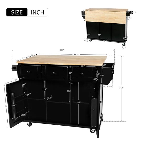 Kitchen Cart with Rubber wood Drop-Leaf Countertop ,Cabinet door internal storage racks,Kitchen Island on 5 Wheels with Storage Cabinet and 3 Drawers for Dinning Room, Black