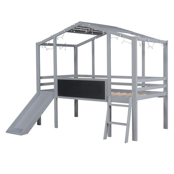 Twin Size Loft Bed with Ladder and Slide, House Bed with Blackboard and Light Strip on the Roof, Gray