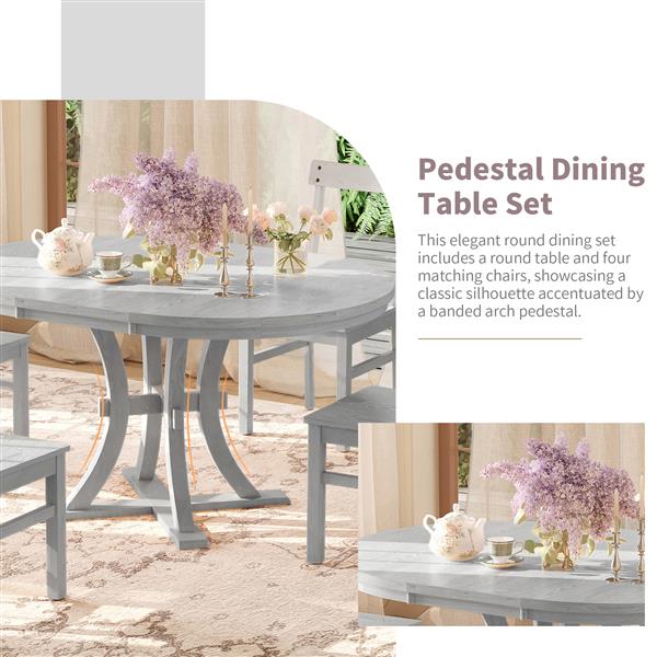 5-Piece Rustic Round Pedestal Extendable Dining Table Set with 15.7" Removable Leaf and Simple Dining Chirs for Small Places, Gray