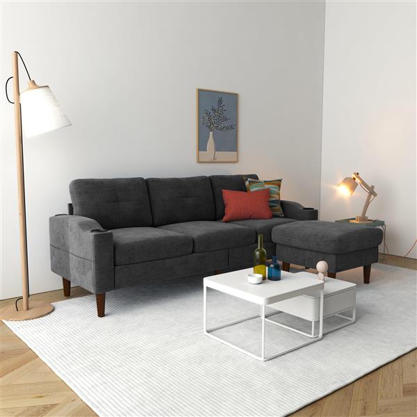 Convertible Combo Sofa Sofa L-Shaped Sofa with Storage Cabinet Footstool, Living Room Dark Gray Sofa, Living Room/Bedroom/Office/Small Space 3-Seat Combo Sofa