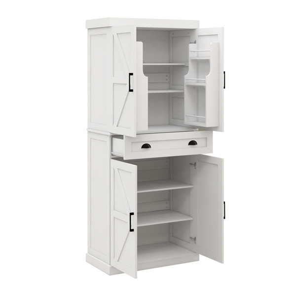 71" Kitchen Pantry Storage Cabinet  with 4 Doors(2Doors with Racks),1 Drawer, 2 Adjustable Shelves, Freestanding Cupboard for Kitchen, Dining Room and Living Room-White