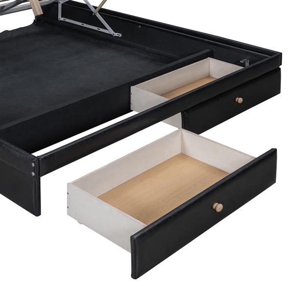 Queen Size Upholstered Bed with Hydraulic Storage System and Drawer, Black