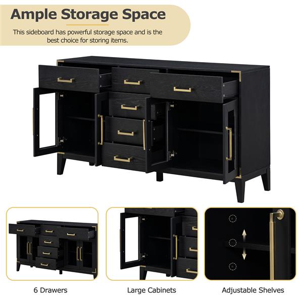 6-drawer and 2-Cabinet Retro Sideboard with Extra Large Storage Space, with ld Handles and Solid Wood Legs, for Kitchen and Living Room (Black)