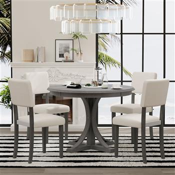 5-Piece Retro Round Dining Table Set with Curved Trestle Style Table Legs and 4 Upholstered Chairs for Dining Room (Dark Gray)