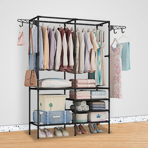 Clothing Rack Clothes Rack, 66'' Multifunctional Garment Rack for Hanging Clothes, 4 Tiers Portable Closet Rack with 4 Hooks & 2 Hanging Rods, Coated Metal Freestanding Closet Wardrobe System