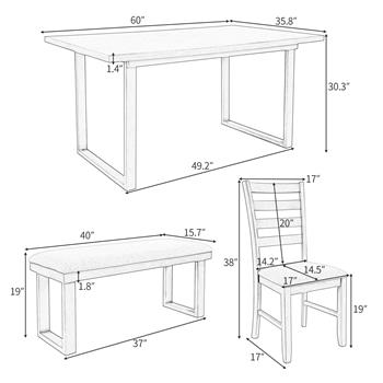 6-Pieces Family Furniture, Solid Wood Dining Room Set with Rectangular Table & 4 Chairs with Bench(Gray)