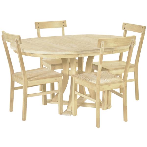 5-Piece Rustic Round Pedestal Extendable Dining Table Set with 15.7" Removable Leaf and Simple Dining Chirs for Small Places, Natural