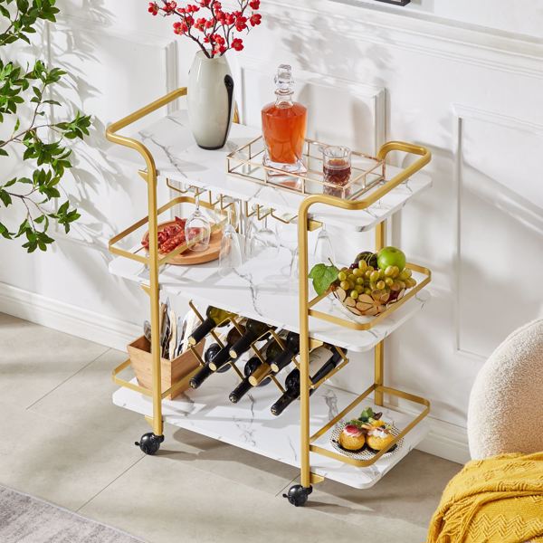 Painted Three-layer Bar Cart, With Wine Rack And Glass Holder, Suitable for Families And Small Gatherings, Gold