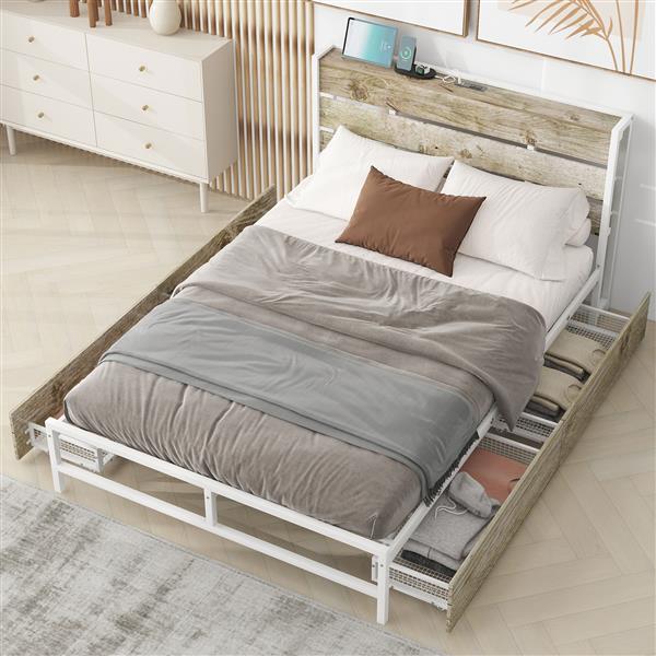 Metal Platform Bed With Four drawers, Sockets and USB Ports, Full, White