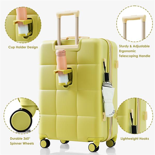 Luggage Set of 3, 20-inch with USB Port, Airline Certified Carry-on Luggage with Cup Holder, ABS Hard Shell Luggage with Spinner Wheels, olive yellow 