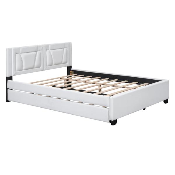 Queen Size Upholstered Platform Bed with Headboard and Twin Size Trundle, White