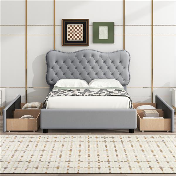 Full Size PU Leather Upholstered Platform Bed with 4 Drawers, Gray