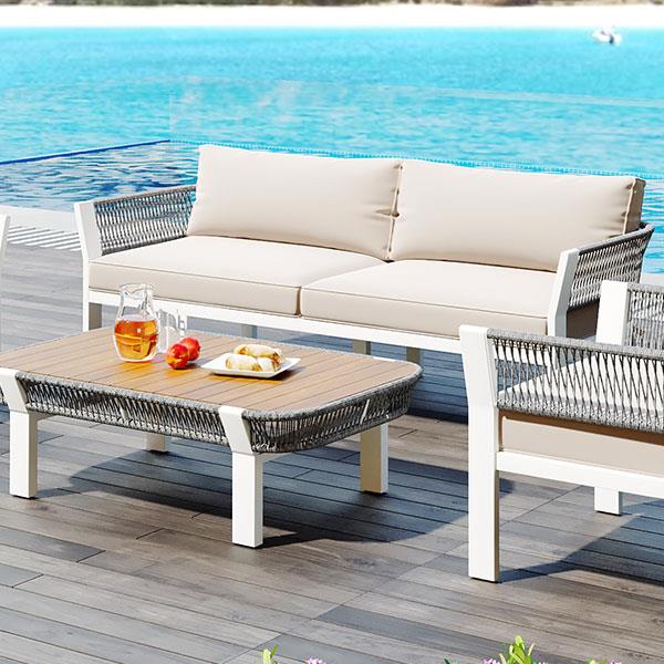 4-Piece Outdoor Patio Conversation Set with Coffee Table and Soft Waterproof Cushions for Garden, Poolside and Backyard(Gray Rope+Beige Cushion)