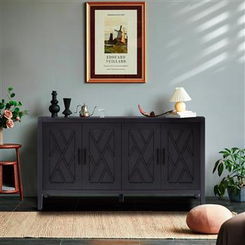 Four Door Wooden Twill Sideboard American Country Vintage Old Living Room Dining Room Hallway Entryway Cabinet (BLACK)