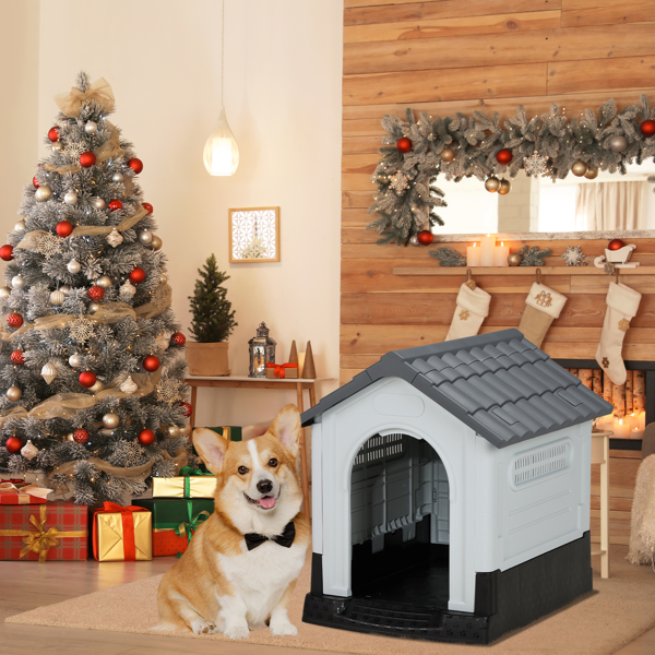 26 inch Plastic Dog House, Indoor Outdoor Doghouse Pet House with Air Vents and Elevated Floor, Insulated Water Resistant Puppy Shelter Kennel for Small Dogs, Gray & White