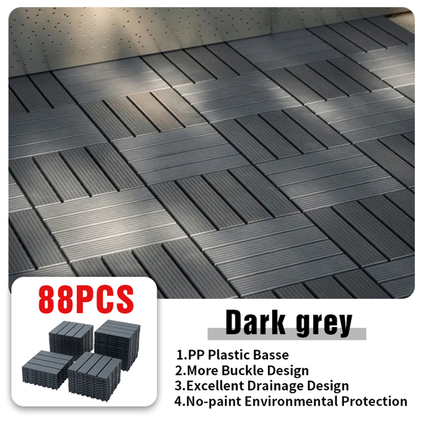 88pcs dark grey 11.8 "x 11.8" (30cmx30cm) interlocking deck plastic tiles four-way locking, non-slip waterproof indoor outdoor universal flooring, all-weather terrace tiles, flat imitation wood patter