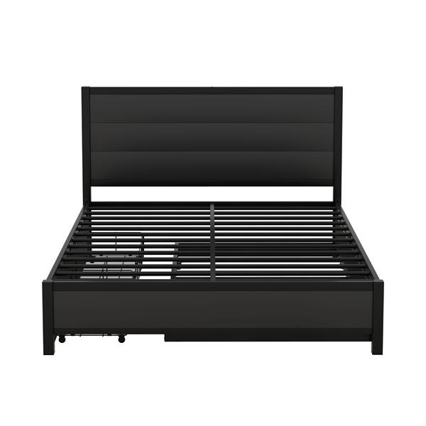 Metal Queen Size Storage Platform Bed with Twin Size Trundle and 2 Drawers, Black