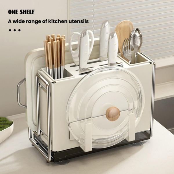 Knife Block Holder,Universal Knife Block,Kitchen Knife Holder,Kitchen Knife Rack Shelf, Magnetic Chopsticks Cage Chopping Board Put Chopping Board Knife One Storage Rack, white