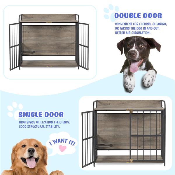 39'' Indoor Metal Dog Crate with Double Doors, Wooden Side End Table Crate, Dog Crate Furniture with Adjustable Feeder Stand, for Medium Dog, Gray