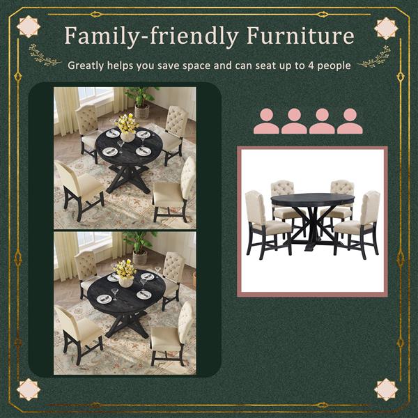 Functional Furniture Retro Style Dining Table Set with Extendable Table and 4 Upholstered Chairs for Dining Room and Living Room(Espresso)