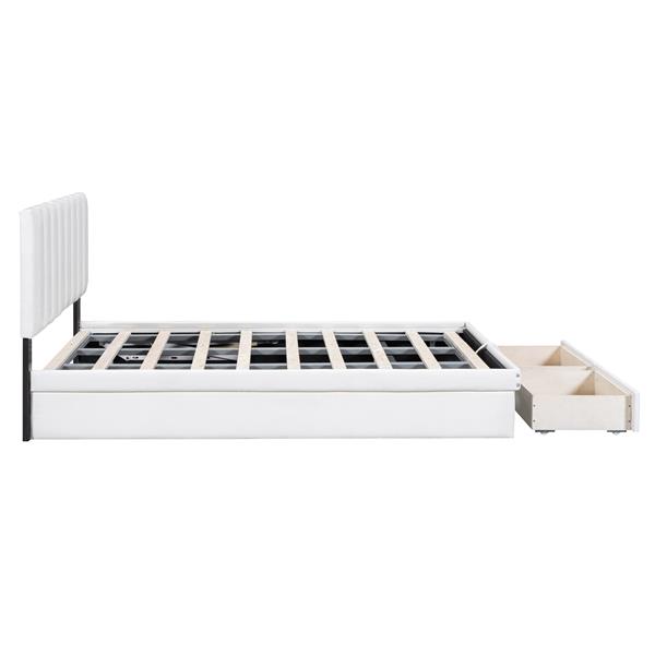 Full Size Upholstered Bed with Hydraulic Storage System and Drawer, White