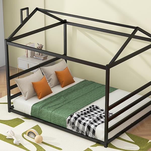 Metal House Shape Platform Bed, Black, Queen