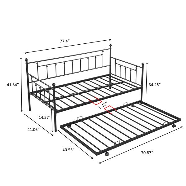 Metal Twin Daybed with Trundle/ Heavy-duty Sturdy Metal/ Noise Reduced/ Trundle for Flexible Space/ Vintage Style/ No Box Spring Needed