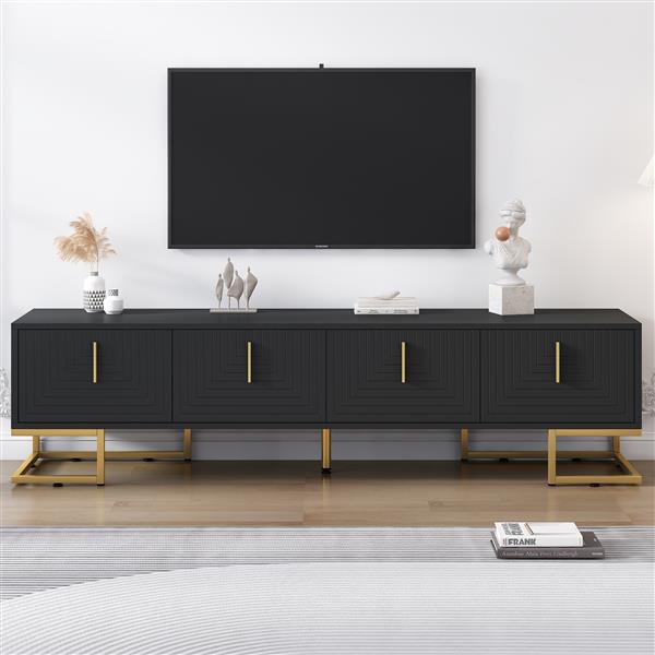 Modern TV Stand with Metal Legs and Gold Handles for TVs Up to 80'', Media Console Table with Cabinets and Adjustable Shelves, Luxury TV Cabinet with Geometric Lines for Living Room, Black