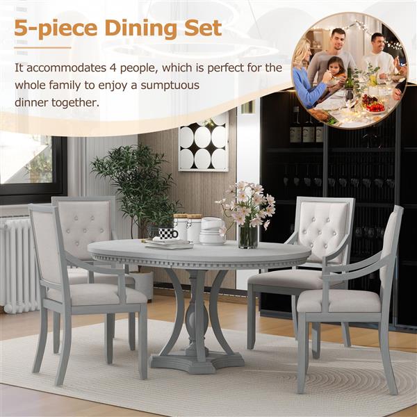 Retro 5-piece Dining Set Extendable Round Table and 4 Chairs for Kitchen Dining Room(ANTIQUE GRAY OAK)