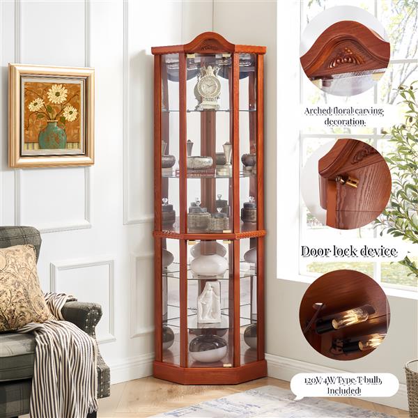 Glass Cabinet Lighted Corner Cabinet Corner Display Curio Cabinet, Glass Display With Light(Included)Bar Cabinet,Wine Cabinet with Adjustable Glass Shelves Carved Decoration OAK Light(Included)