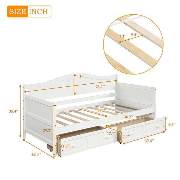 Twin Wooden Daybed with 2 drawers, Sofa Bed for Bedroom Living Room,No Box Spring Needed,White