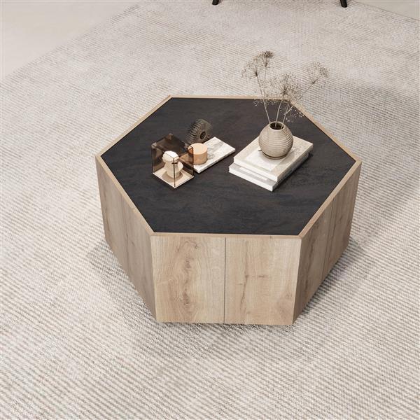 Rural Style Garden Retro Living Room Coffee Table with 2 drawers, Textured Black + Warm Oak