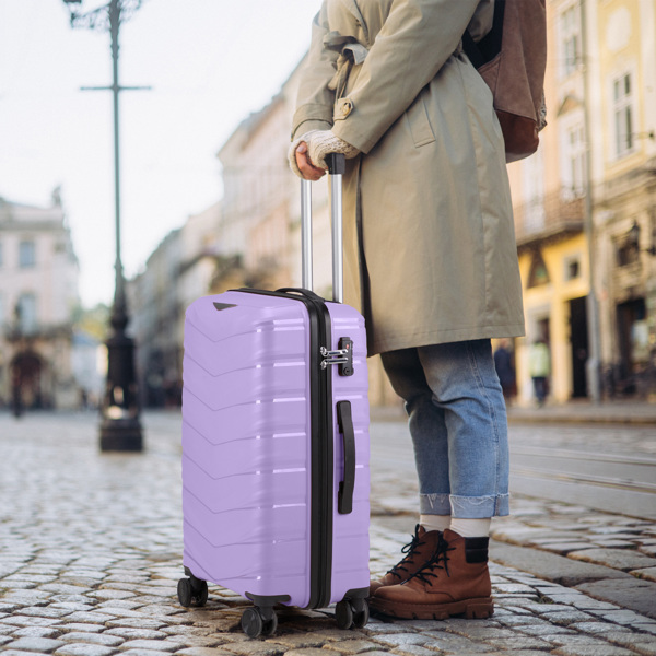 FCH V-shaped striped 2-piece set with PP handbag PP trolley case 14in 20in PP iron trolley fashionable color - taro purple (grain pattern)