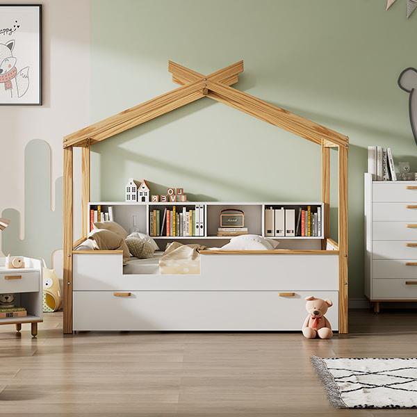 White Full Size Wooden House Bed with Original Wood Colored Frame Twin Size Trundle and Bookshelf Storage Space for Children or Guest Room