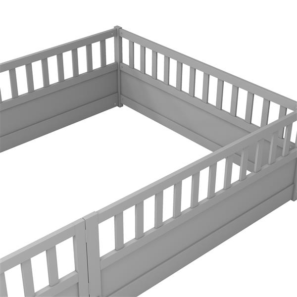 Full size  Floor bed, integral construction with super high security barrier, door, children's floor bed frame, Montessori wooden children's floor bed,  Grey