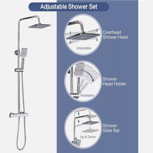 Bathroom Thermostatic Exposed Shower Mixer Twin head Large Square Bar Set Chrome