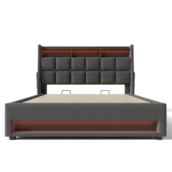 Full size Upholstered Platform bed with a Hydraulic Storage System, LED and USB Charging, Grey (without mattress)