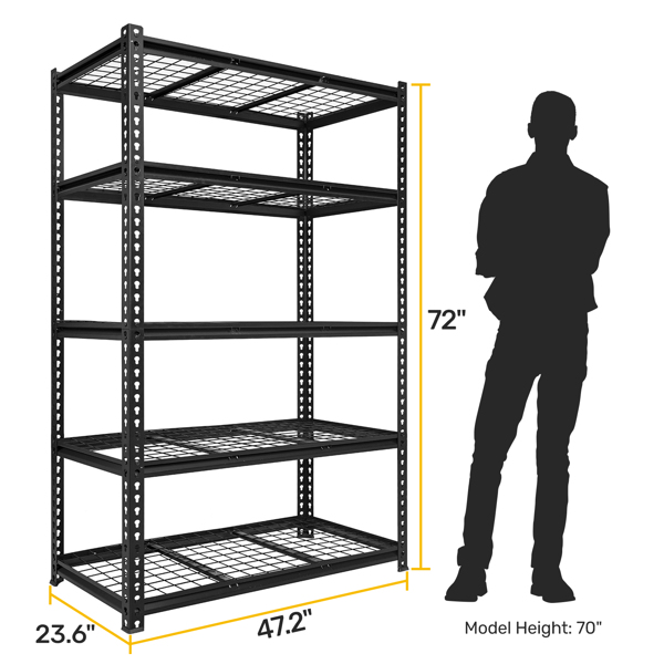 5-Tier  Adjustable Metal Shelving Unit ,Heavy Duty Garage Shelving,Storage Racks,Industrial Utility Shelf,47.2" W x 24 "D x 72''H, Black for Garage, Basement, Warehouse, Workshop,kitchen and so on.